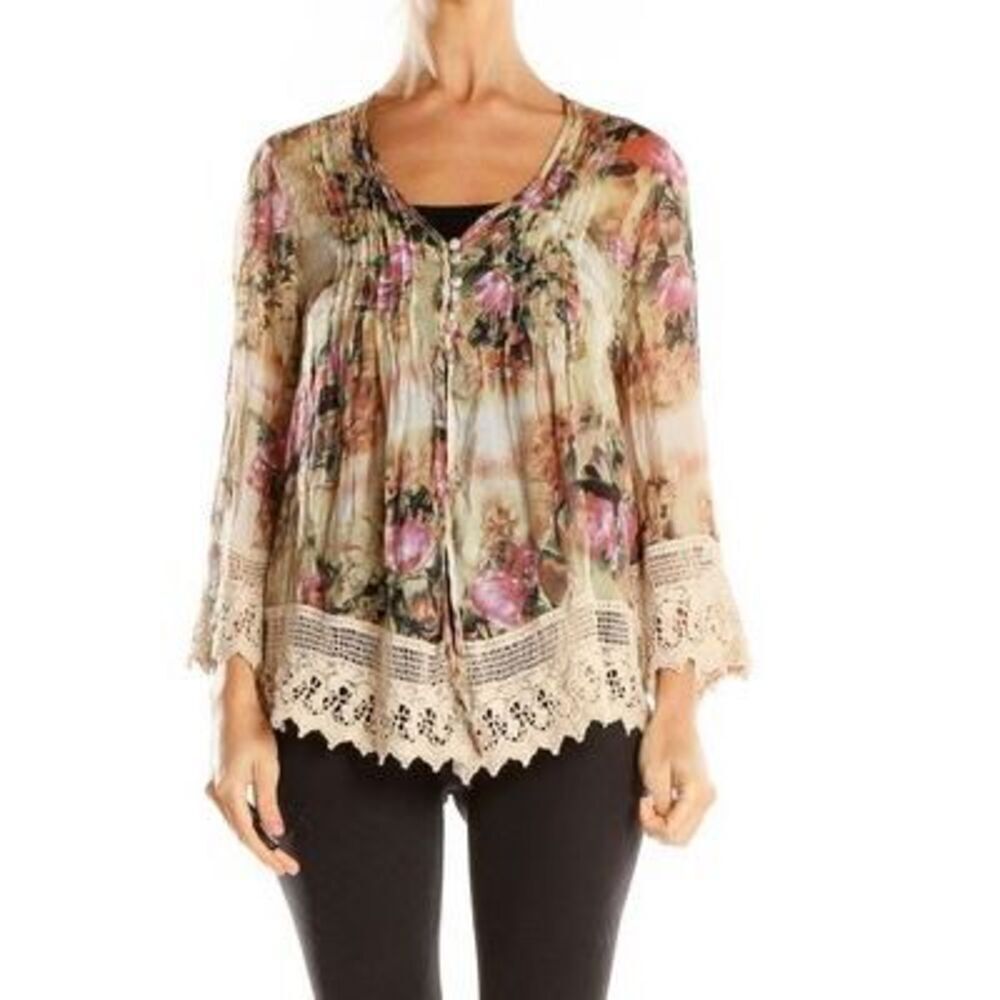 ADIVA Vtg Floral Print Top W/Crochet Lace Sz L Romantic, Fairycore, FairyGrunge